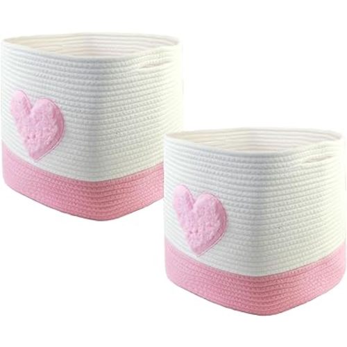 Woven Storage Cubes baskets for shelves,Baby Toy Basket for Shelves - Stylish Storage Baskets for Organizing, Laundry (Pink with Heart)
