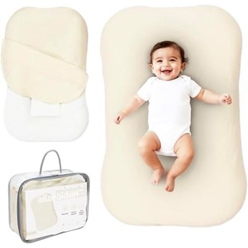 Aila + Aiden Baby Lounger | Organic Cotton Infant Lounger | Adjustable & Portable Floor Lounger |Supervised Use | Soft, Breathable, Washable Cover - Snuggle Collection - (Cream)