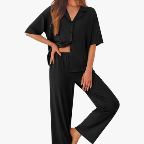 Ekouaer Women Pajamas Set Button Down Sleepwear Short Sleeve Pjs Soft Comfy Nightwear with Long Pants S-XXL