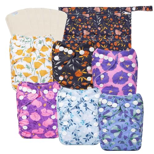babygoal Newborn Cloth Diapers Pack of 13 for 5-12lbs Preemie Girl, Cloth Diaper Covers 6 Pack with 6pcs Inserts and Wet Bag, Reusable Washable & Waterproof
