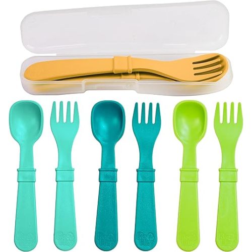 Re-Play Toddler Forks and Spoons Set - 4x4 Utensils Set for Kids - Dishwasher and Microwave Safe - Made in USA - Set of 8-5.8" x 1.2" x 0.2" - Aqua Asst