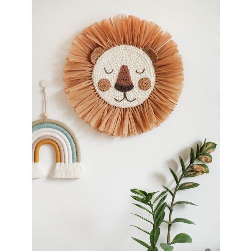 Lion Face Raffia Wall Hanging, Safari Jungle Theme Nursery, Crochet Lion Head Boho Nursery Decor