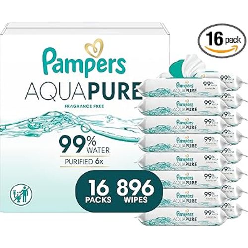 Pampers Aqua Pure Baby Wipes, 99% Water, Fragrance Free, 896 Baby Wipes Total (16X Flip-Top Packs) [Packaging May Vary]