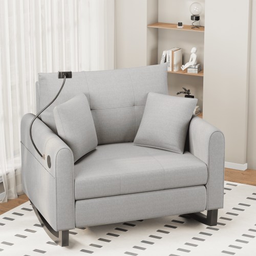 Upholstered Nursery Rocking Chair with Adjustable Phone Handle, High Back and Side Pocket USB Port, Double Wide Rocker Glider Chairs with Wood Legs for Living Room, Bedroom, Nursery, Gray