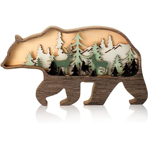 Honoson Forest Animal Rustic Wall Art Decor Wooden Farmhouse Wall Decoration Wooden Animal Decor Wood Forest and Mountain Ornaments for Cabin Bedroom Living Room Decor(Colorful,Bear Style)
