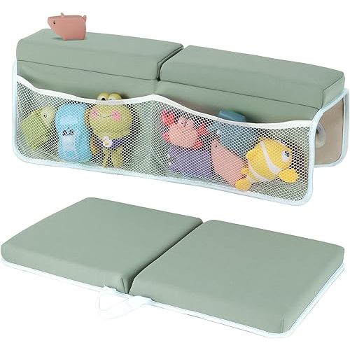 Baby Bath Kneeler and Elbow Rest Pad Set, 1.5 Inch Thick Memory Foam Soft Bath Kneeler with Bath Toys Organizer, Non-Slip, Quick-Dry, Foldable Kneeling Mat, Ideal Gift for Parents