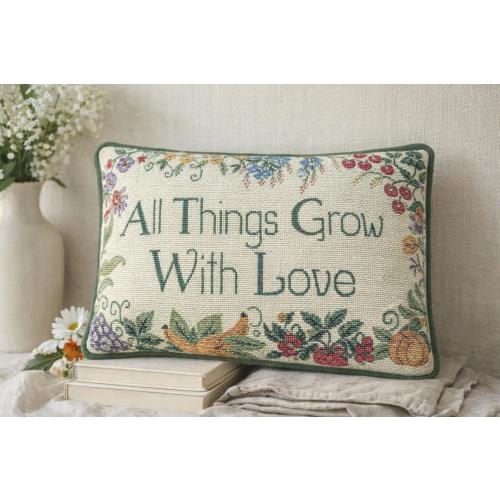 Vintage Needlepoint Lumbar Pillow: Floral Bird Cottagecore Accent (11.5 x 8.5 inches)