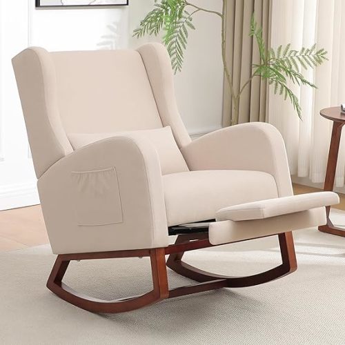 HCHAIRH Rocking Chair Nursery, Nursery Rocking Chairs with Foot Rest, Comfy Fabric Glider Rocker Nursing Chair with High Back for Nursing, Living Room, Bedroom, Beige