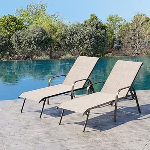 Crestlive Outdoor Chaise Lounge Chair,5-Position Pool Lounge Chairs with Armrests Sunbathing Recliner for Patio,Beach,Deck,Yard (2PC Beige)