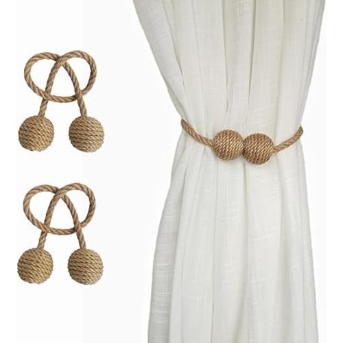2pcs Magnetic Rope Curtain Tiebacks, Boho Shower Curtain Hooks for Thin or Thick Window Draperies, Decorative Curtain Holdbacks Clips for Room Wall Decor, Farmhouse Outdoor Curtain Holders