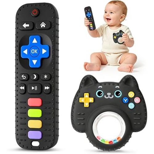 2 Pack Baby Teething Toys for Babies 3-6 6-12 12-18 Months, BPA-Free Silicone Remote Control Rattle Teether Toys, Baby Chew Toys for Teething Relief & Sucking Needs