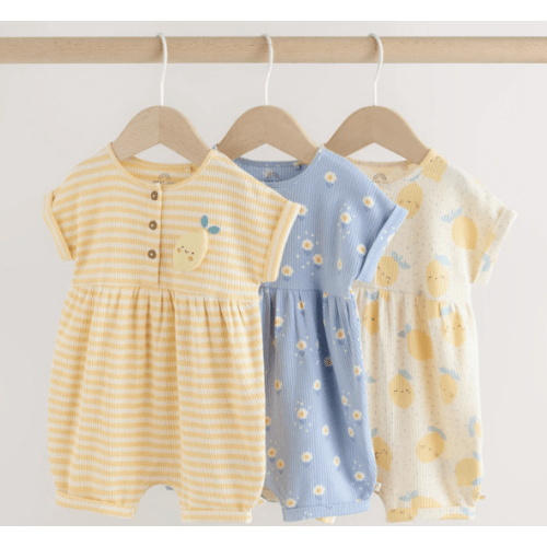 Buy Blue and Lemon Printed Button T Shirt Jersey 3 Pack Baby Rompers from Next USA