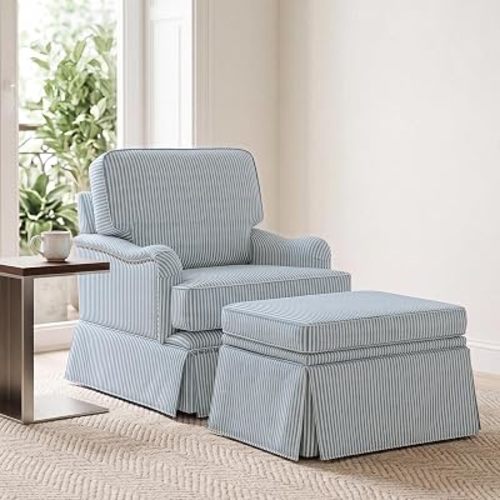 Swivel Accent Chair with Storage Ottoman, Pinstripe Blue, Set of 1