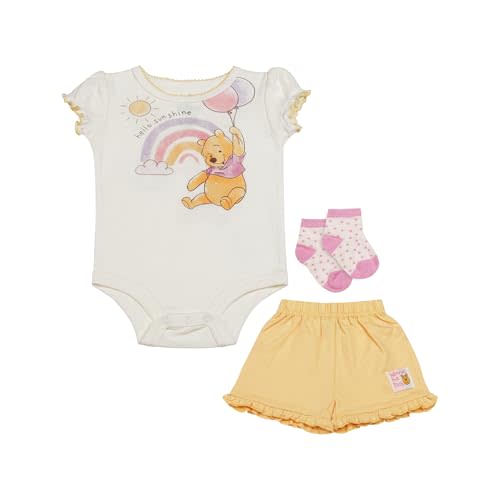 Disney Baby Girls 3-Piece Short Set – Bodysuit, Shorts & Socks – Minnie Mouse, Pooh, Stitch & 101 Dalmatians – (0-9M)