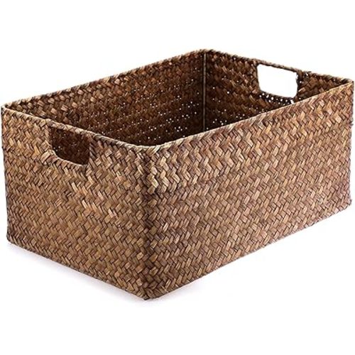 Hipiwe Seagrass Storage Baskets Bin for Shelf Handwoven Wicker Baskets Built-in Handles Rectangular Closet Bedroom Organizer Box Multipurpose Storage Basket Organizer,16.1"L x11.8"W x7.7"H
