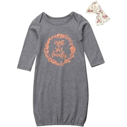 FIOMVA Newborn Baby Girl Boy Nightgowns Organic Cotton Gowns Knotted Sleeping Bag with Hat Coming Home Outfit for Unisex Baby