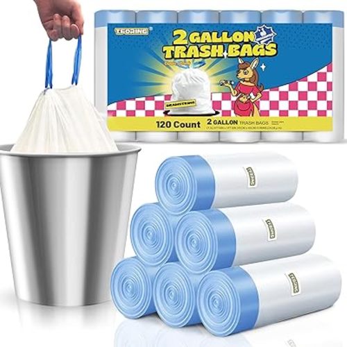2 Gallon Trash Bags Drawstring 0.96 Mil - 120 Count Small Garbage Bags Unscented,White Mini Trash Can Liners Strong Little Waste Basket Bags 7.5 Liter for Home Bathroom Office Car