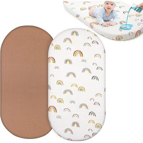 Baby Bassinet Sheets TPU Waterproof 2 Pack Soft Muslin Bedside Bassinet Mattress Sheets with Bottom Elastic Band for Baby Boy Girls Unisex Fit Hourglass Oval and Rectangle, White Rainbow