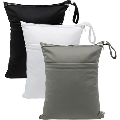 babygoal Wet Dry Bags for Baby Cloth Diapers, Waterproof Washable Travel Bags, Beach, Pool, Gym Bag for Swimsuits & Wet Clothes with 2 Pockets 3 Pack L-BWG