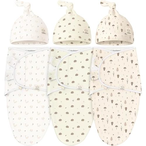 KeaBabies 3-Pack Swaddles for Newborn Baby Girls, Boys with Hats - Organic Soft Baby Sleep Sacks, Breathable Baby Swaddle 3-6 Months Beanies Set, Premie Infant Sleep Sack 0-3 Months (Nibbles/Bruce)