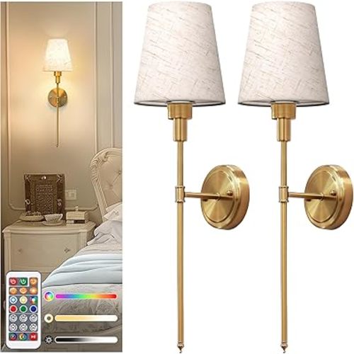 Battery Operated Wall Sconce Set of 2– Gold with Linen Shade