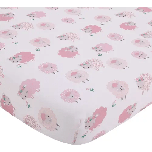 NoJo Farm Chic - Little Lambs Pink, Grey & White Fitted Crib Sheet, Pink, Grey, White