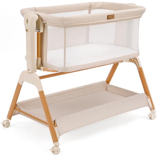 Ezebaby Baby Bassinet Bedside Sleeper: 3-in-1 Rocking Bassinet for Baby - Breathable Full-Mesh Crib with Mattress | 6 Height Adjustable | Portable Crib with Lockable Wheels for Newborns