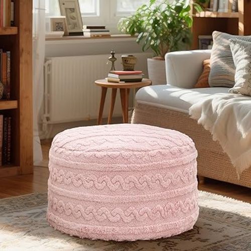 Round Plush Ottoman Pouf Stuffed– Fluffy Ottoman Foot Rest with Modern Foam Filler 20" x 14" Cozy Floor Pouf for Living Room & Bedroom