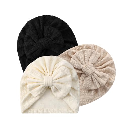 ZURLEFY 3 Pack Velvet Baby Turban Hats with Bow, Stretchy Baby Head Cover Beanies for Newborn, Toddler, Infant Head Wraps