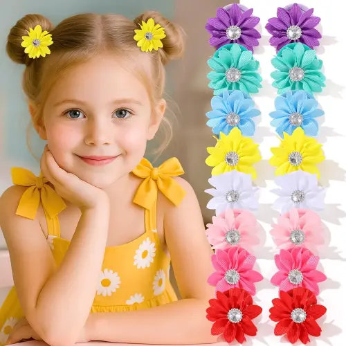 16 PCS Girls Flower Hair Ties No Damage- Toddler Seamless Cute Flower Hair Bands with Pearl for Baby Kids,Soft Nylon Elastic Hair Ties for Thin Thick Hair, No-Crease Ponytail Holders (Multicolor)