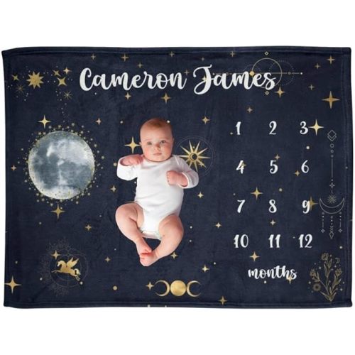 Personalized Milestone Blanket Boy, Baby Blanket Monthly Milestone Quilt, Boho Celestial Custom Name Comforter, Moon and Star Growth Tracker Throw, Infant Keepsake, Newborn Shower Present