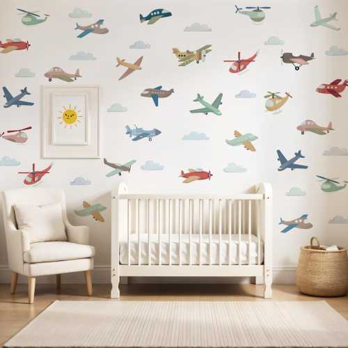 Watercolor Airplane and Helicopter Wall Decal, Airplane and Helicopter Sticker, Boy's Room Wall Decal, Airplane Wall Decor, Nursery Decor