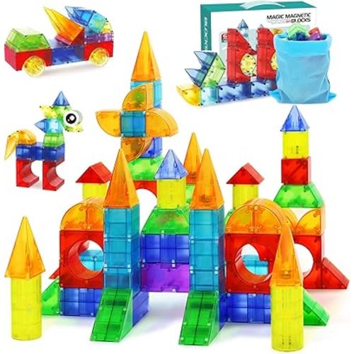 Magnetic Blocks,66 PCS Translucent Building Toys for Kids 3+,Multi Shape Magnet Building Blocks STEM Preschool Montessori Sensory Toys for 3 4 5 6 Year Old Kids Boys Girls