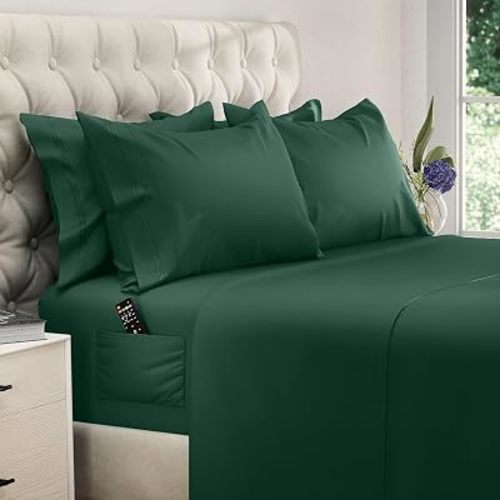DREAMCARE King Size Sheets Set - 6 pcs Breathable Cooling Bed Sheets - up to 21" Extra Deep Pocket King Sheet Set with Side Pockets Extra Soft 100% Brushed Hypoallergenic Hotel Luxury Bedding -E Green