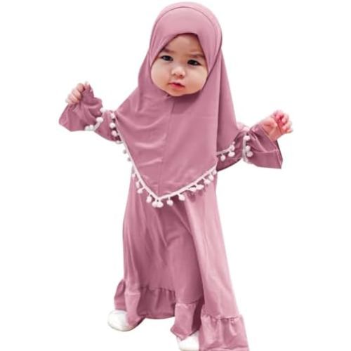 ODASDO Newborn Infant Baby Girls Prayer Dress Muslim Clothes for Toddler Kids Long Sleeve Abaya with Hijab Two Piece Set