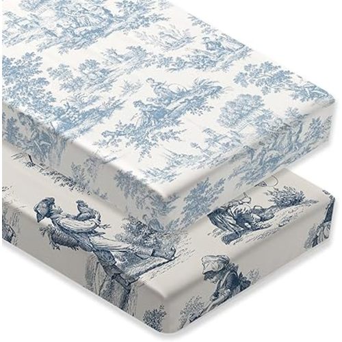 2 Pack Blue and White Toile Crib Sheet Set for Baby Girl, Soft Breathable Fitted Shabby Chic Crib Sheet 28 x 52 in, Vintage French Country Nursery Decor for Standard Crib and Toddler Bed Mattresses