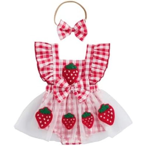 Newborn Baby Girl Clothes Flying Sleeve Romper Dress Onesie Plaid Bodysuit with Headband Cute Infant Summer Outfit