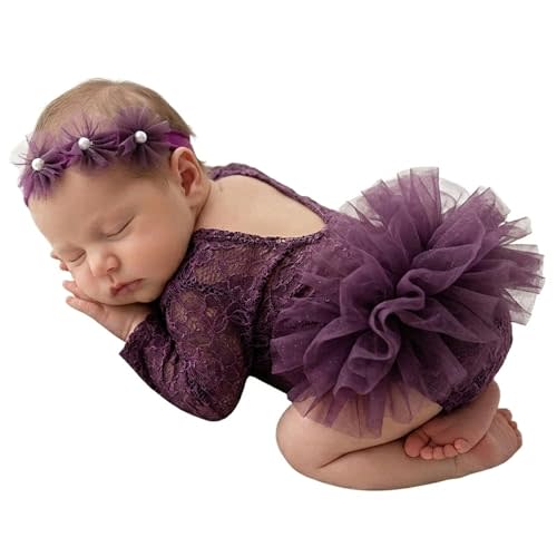 Newborn Photography Outfits Girl, Baby Girl Photoshoot Props, Lace Romper with Headband for 0-1 Months Newborn