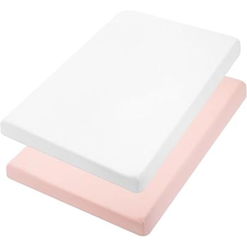 TILLYOU Mini Crib Fitted Sheets - Soft Knit Sheet for Pack N Play, Microfiber Mini Crib Sheets, Playpen Bedding Sheet for Baby 2 Pack, Machine Washable, White & Peachy Pink