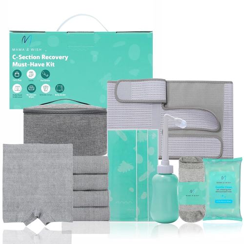 Mama & Wish C-Section Recovery Kit Must Haves - Postpartum Essentials 12-Piece Set with Belly Binder, No-Shower Wipes, Silicone Scar Patches, Peri Bottle, Underwear, Grip Socks & Toiletry Bag