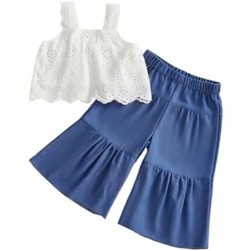 VISGOGO Toddler Baby Girls Summer Outfit Sleeveless Lace Embroidery Clothes Toddler Kids Tank Tops Bell-bottom Pants Set