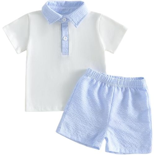 Bonangber Toddler Baby Boy Summer Clothes Lapel Collar Short Sleeve Romper and Plaid Elastic Waist Shorts Sets Summer Outfit