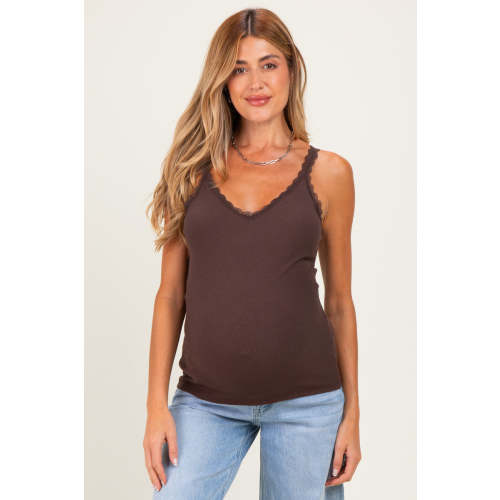 Brown Lace Trim Detail Ribbed Maternity Knit Tank Top