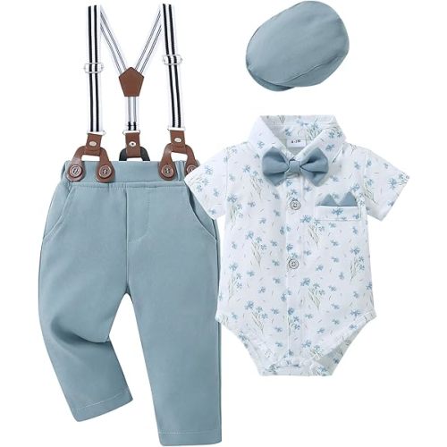YALLET Baby Boy Clothes Suit Newborn Infant Gentleman Outfits, Formal Dress Shirt+ Bowtie+ Suspender Pants Wedding Party Set