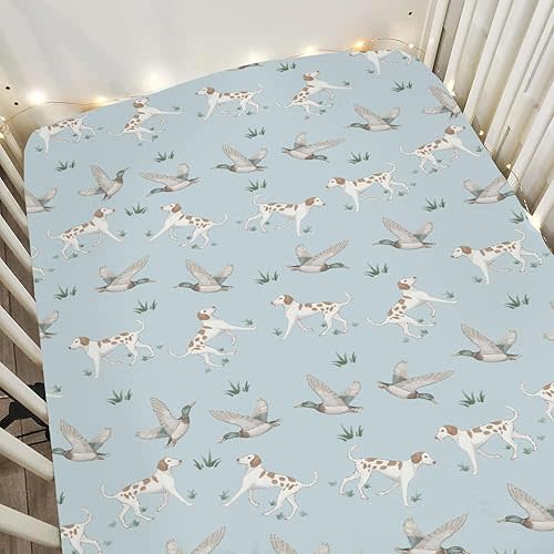 Green Mallard Ducks Dogs Baby Crib Sheets for Boy Girl 28"x52" Wild Duck Hunting Soft Snug Fitted Crib Mattress Covers Outdoor Duck Hunter Nursery Baby Sheet for Crib & Toddler Bed Mattresses