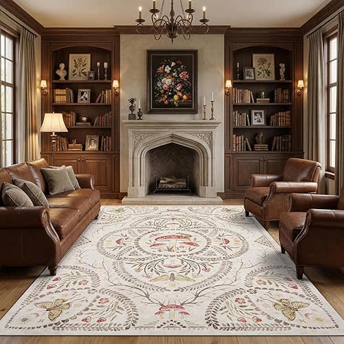 Garvee Mushroom 5x7 Area Rugs for Living Room, Dark Academia Gothic Rug, Non Slip Animal Print Washable Rugs 5x7 Low Pile Bedroom Decor Bug Carpet with Rubber for Playroom Dining Room Office, Beige