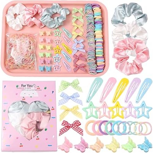 Rosvia 533PCS Hair Accessories Set for Girls,Mini Butterfly Hair Clips and Elastic Hair Ties,Satin Silk Scrunchies,Hair Kit for Toddler Girls