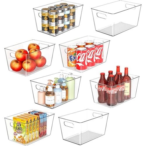 8 Pack Large Clear Plastic Storage Bins, Refrigerator Cabinet Organizers with Handles for Pantry Organization and storage, Perfect for Home Organization, Kitchen, Laundry, Office& Garage