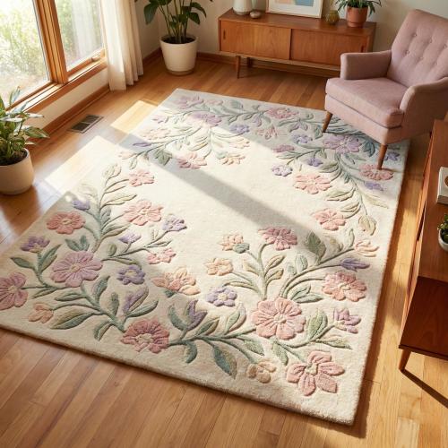 Pastel Floral Tufted Wool Area Rug Botanical Living Room Nursery Gift Decor
