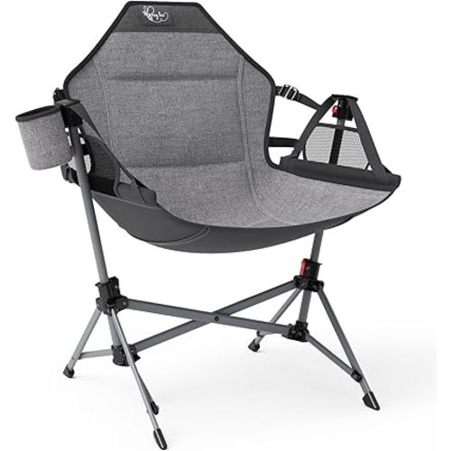BusyBee Hammock Camping Chairs for Kids, Folding Kids Chair with Stand, Child Camping Gear, Hammock Swing Chair with Cup Holder & Carrying Bag for Outdoor, Lawn, Hiking, Indoor, Supports 125 LBS, Grey